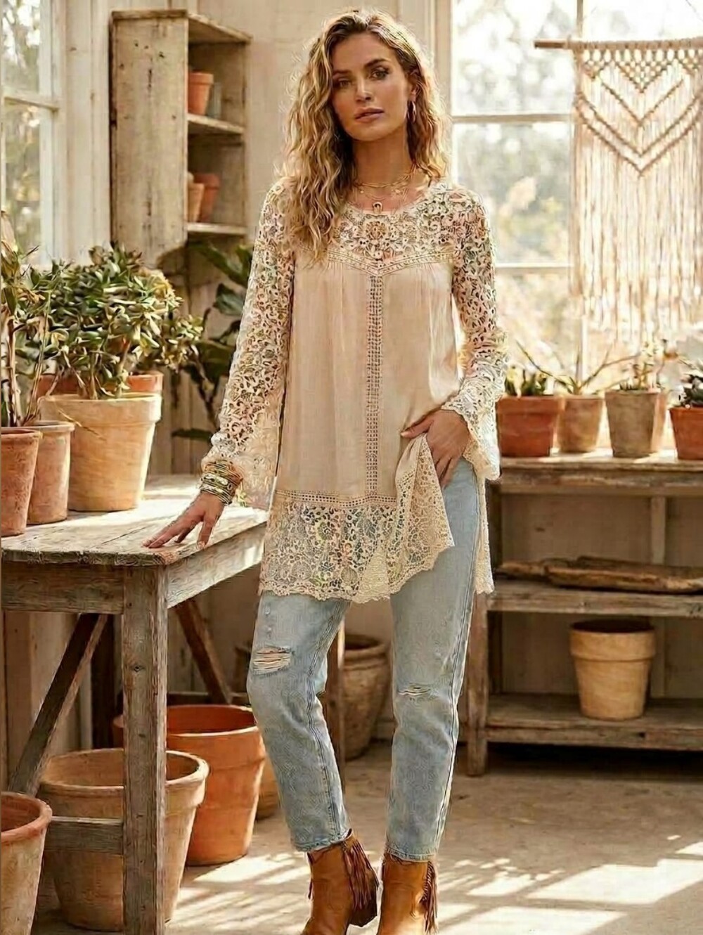 BLU PEPPER Cream Crochet Lace Long Sleeve Tunic Blouse Sz S Boho Festival